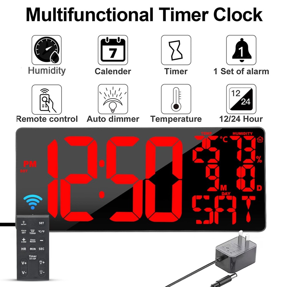 [Oversized] 18" Large Digital Wall Clock with Remote Control, Auto-Dimming Di...