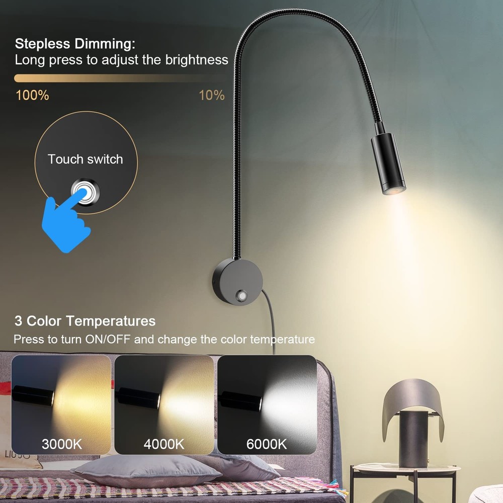 Wall Mounted LED Reading Light, 15" Flexible Gooseneck, Dimmable Book Light