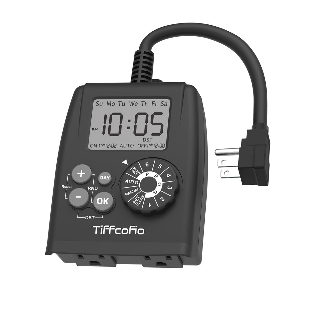 TiFFCOFiO Digital Outdoor Timer Outlet, Dial Programmable 1 PACK, Black
