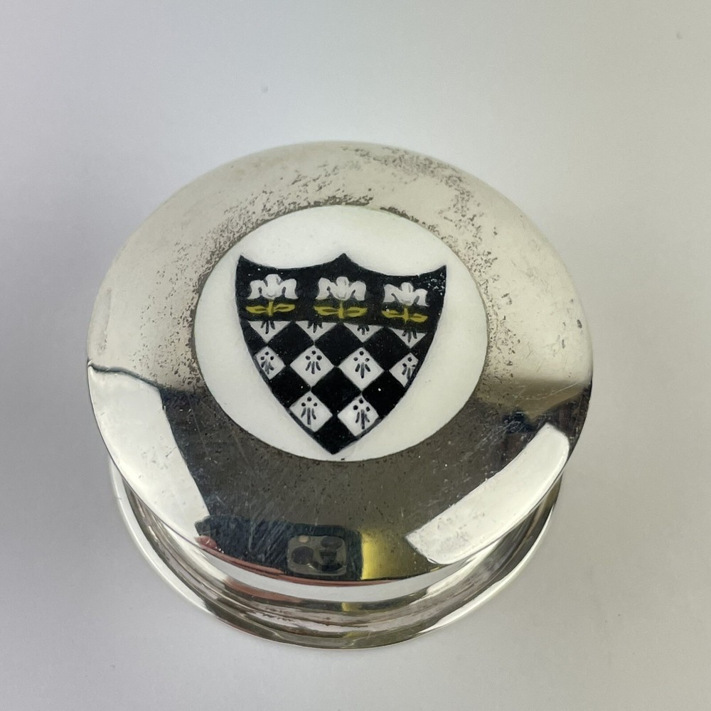 Antique Solid Silver Enamel Pill Box Armorial John William Barrett 1920 3.8cm