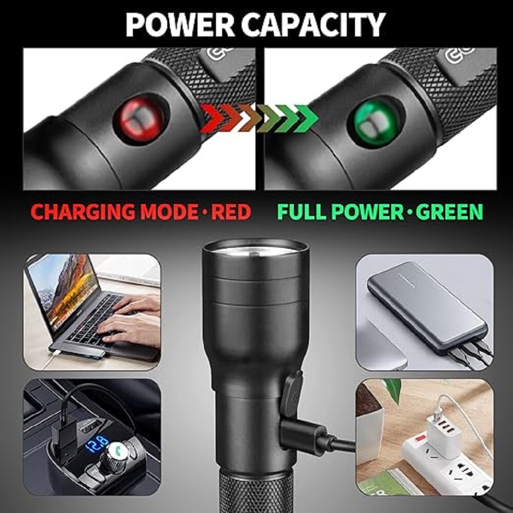 600 Lumen LED Flashlight USB C Rechargeable, IP65 Waterproof Handheld Flashlight