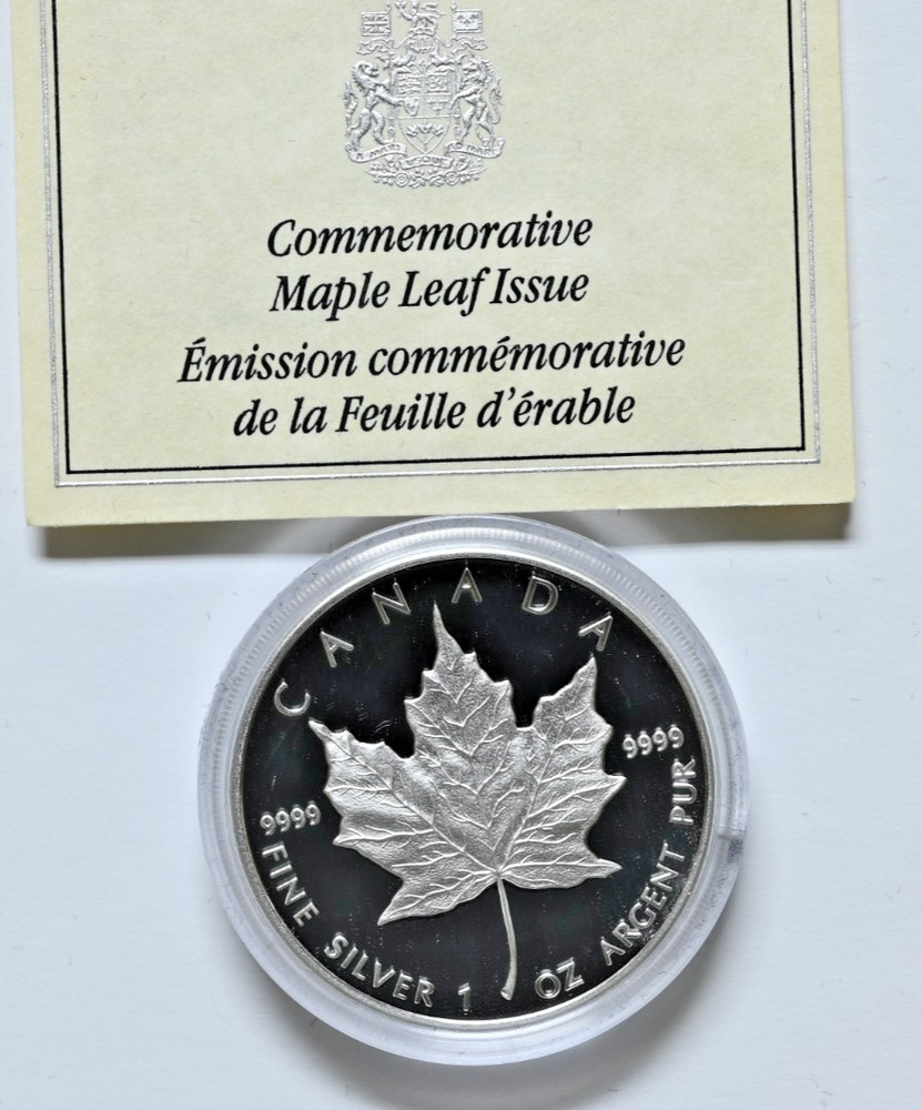 1989 $5 Commemorative Maple Leaf Issue - Pure Silver Coin 1 oz. Box & COA