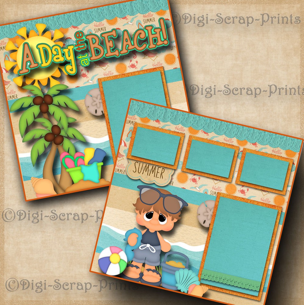 BEACH ~ BOY ~ 2 pre-made scrapbook pages layout paper piecing DIGISCRAP #A0086