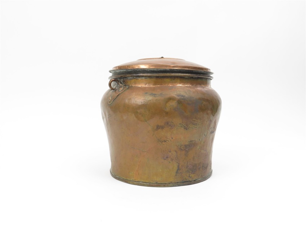 Antique Large Rustic Copper Lidded Cachepot Seed Pot Urn 12" x 11" tall