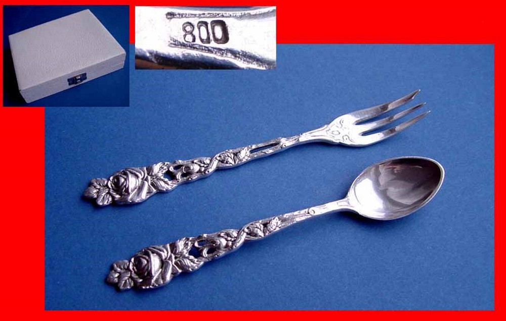 Rare Set, 6 Cake Fork + 6 Coffee Spoon, Rose, 800 Silver B401