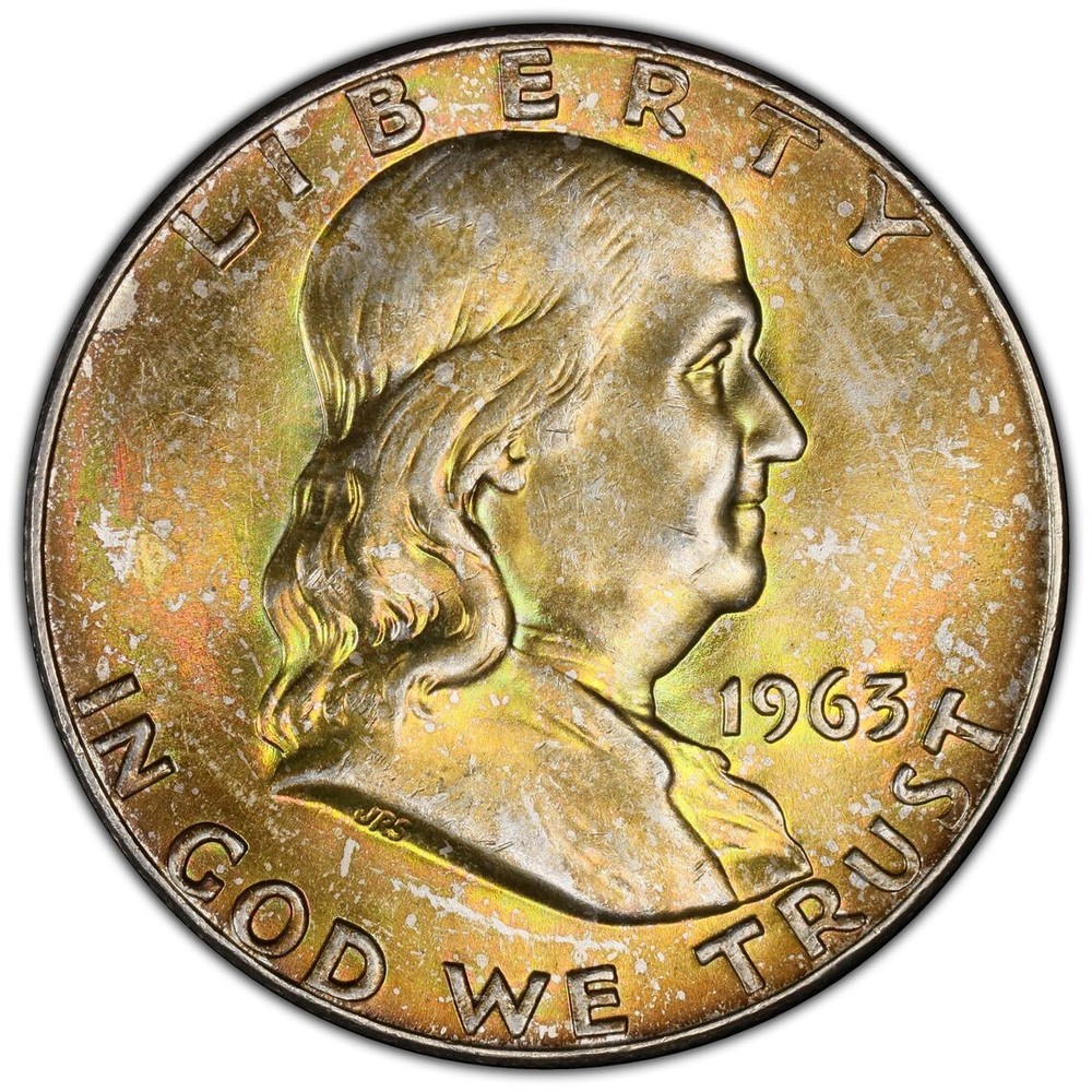 1963 D Franklin Half Dollar PCGS MS64 Rainbow Toned Nice Luster Pretty Example