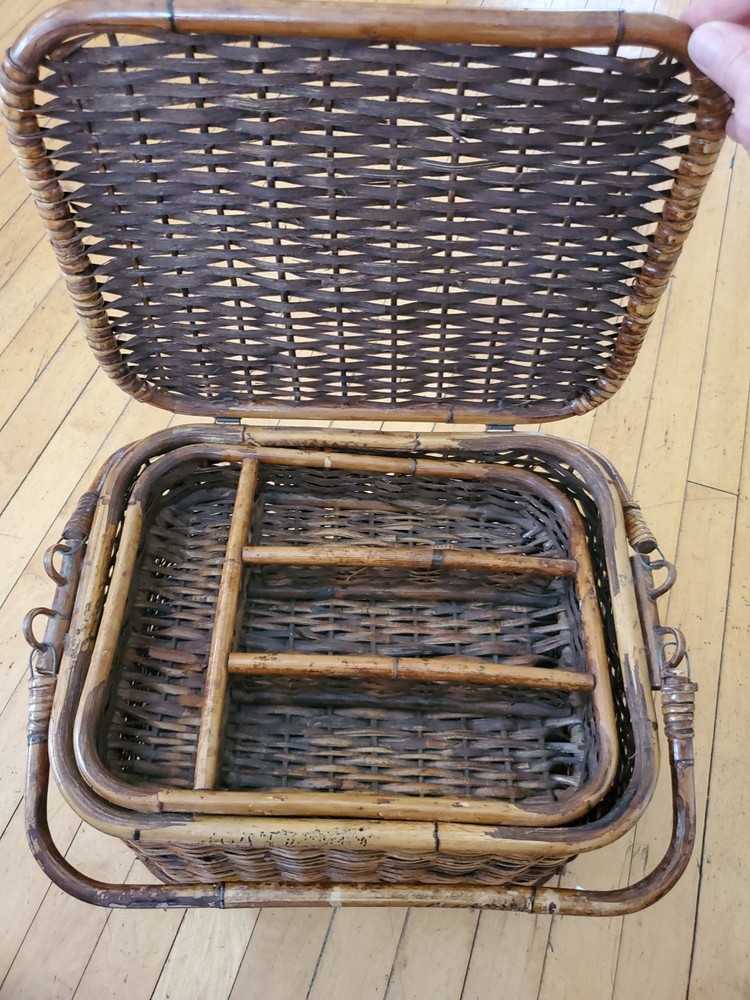 Vintage Large Basket with Insert Tray Multiple Compartments Handles Bamboo Weave