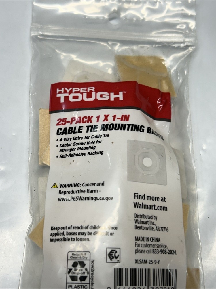 25-Pack HYPER TOUGH 1 x 1 Cable Tie Mounting Bases Self Adhesive Backing