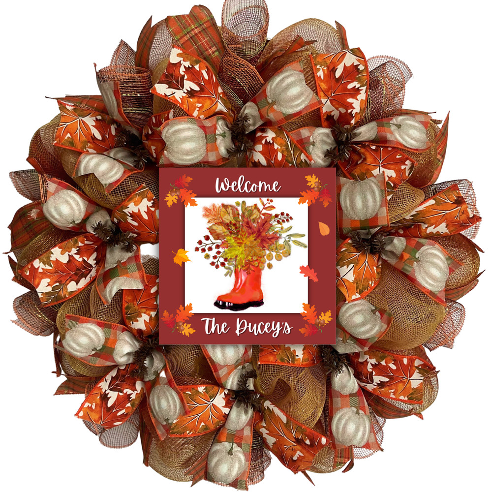 Personalization Welcome Fall Rainboot Harvest Handmade Deco Mesh Autumn Wreath