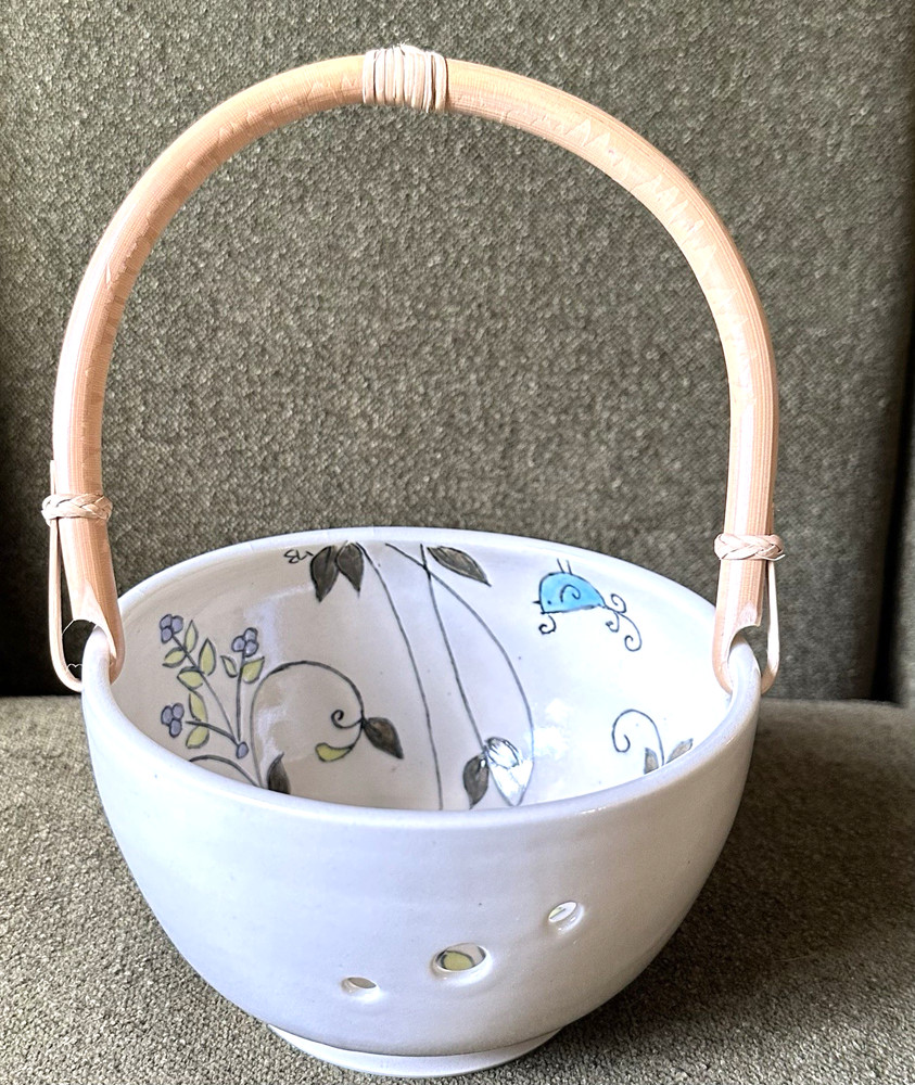 Hand-painted Ceramic Yarn Bowl With Bamboo Handle