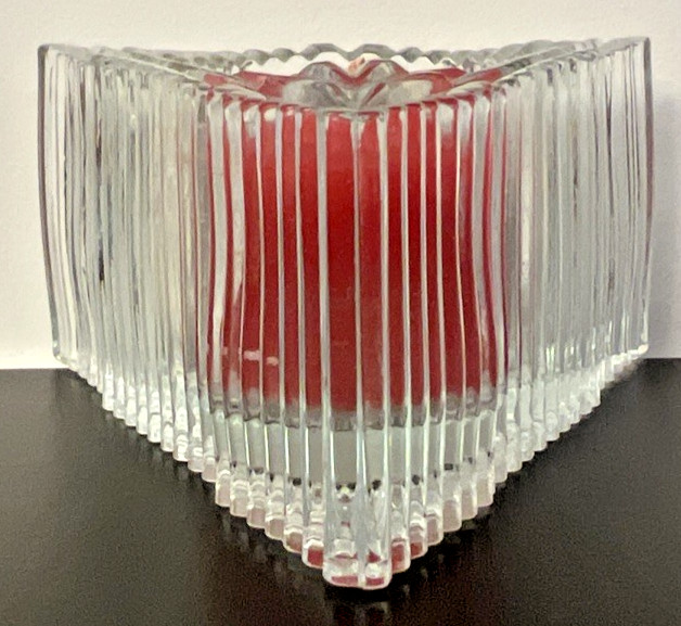 Leaded Glass 4.5" Holiday Triangular Candle Holder ~ Tree Pattern w/Red Candle