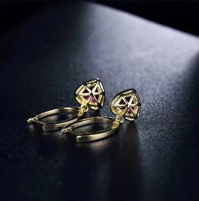 2Ct Heart Cut Lab Created Red Ruby Dangle Earrings 14K Yellow Gold Plated Silver