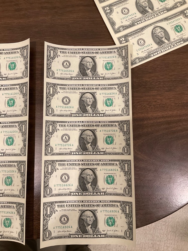 uncut 1 Dollar 5 Note Sheet 2021