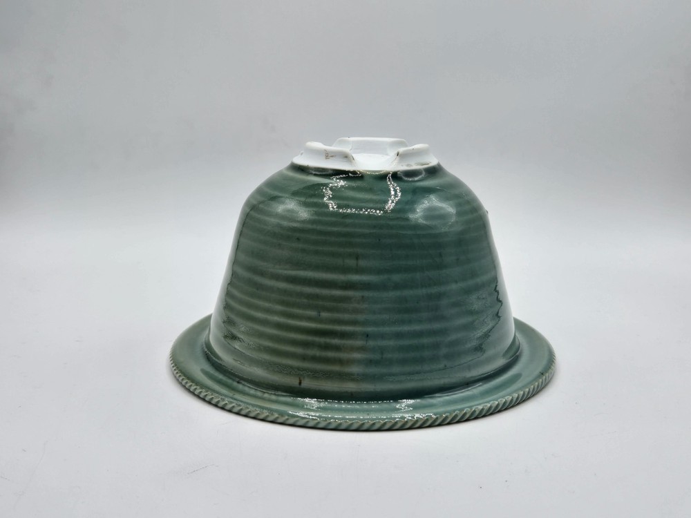 Ceramic Planter Celedon Green Ribbed Design Footed Signed