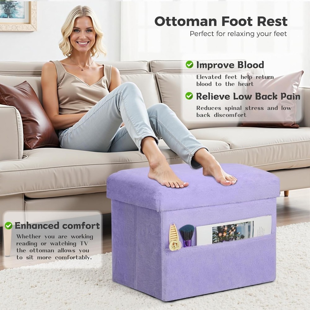 Small Ottoman W/ Storage Folding Soft Fur Storage Foot Rest Stool W/ Thicker