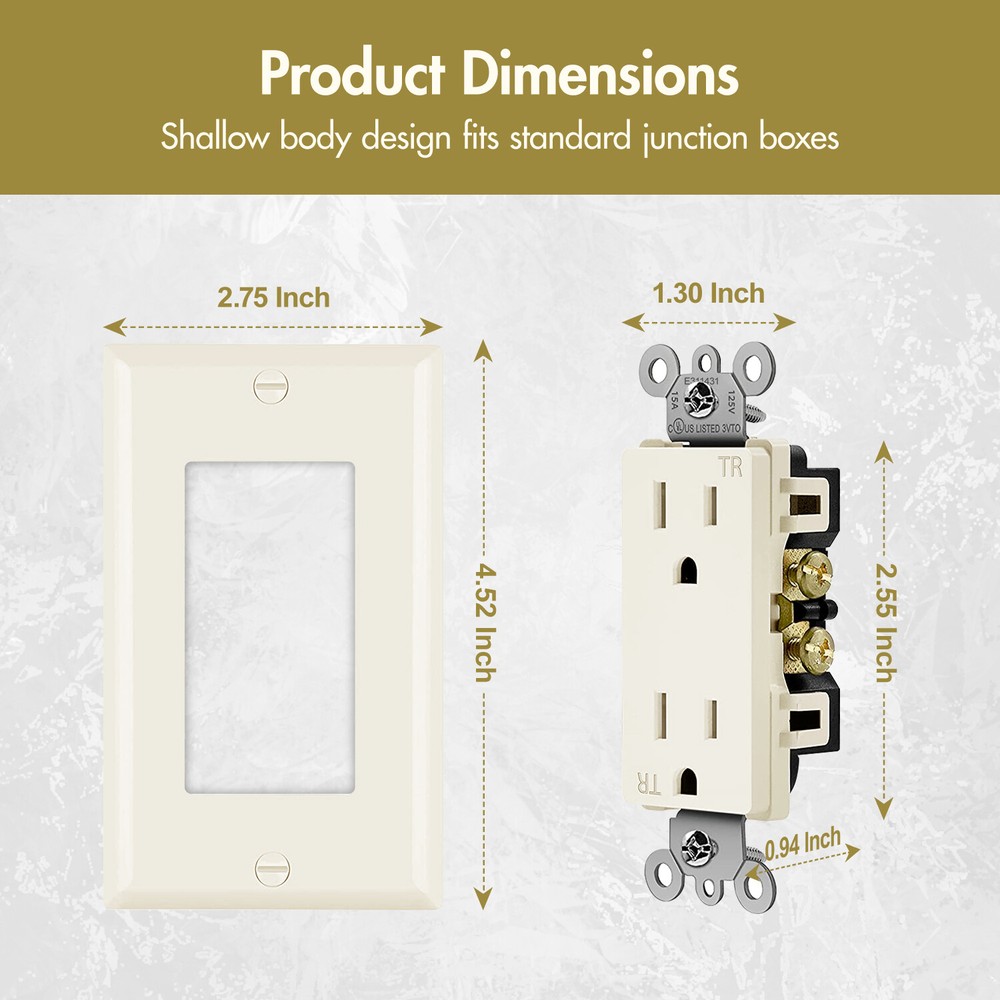 10Pack Outlet Socket, Decora Duplex Receptacle 15 Amp, Tamper Resistant，Ivory