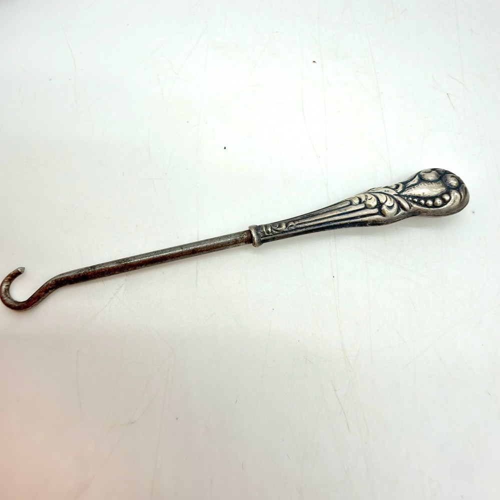 Antique Sterling Silver Button Hook Ornate Floral Scroll Handle Tool