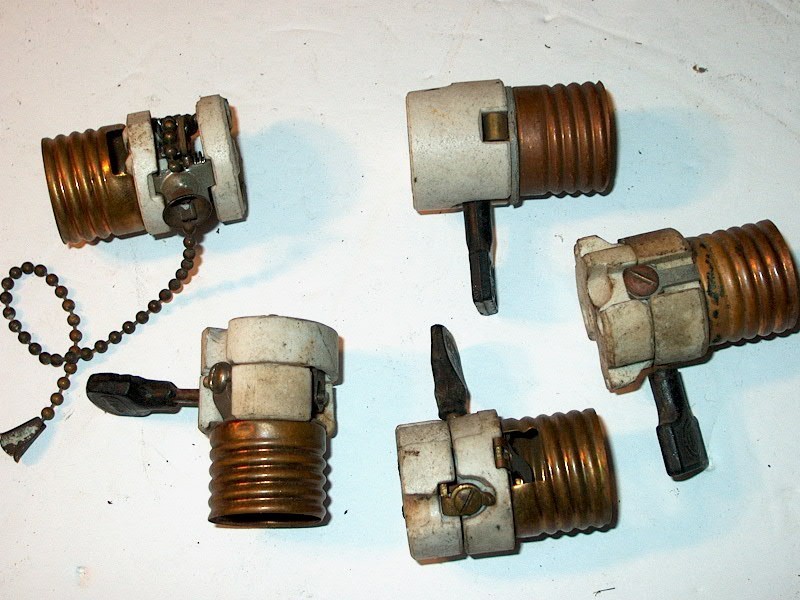 5 ANTIQUE SIGNED SOCKETS-INERTS ONLY-NO SHELLS-1 PULL CHAIN-4 PADDLE SWITCH