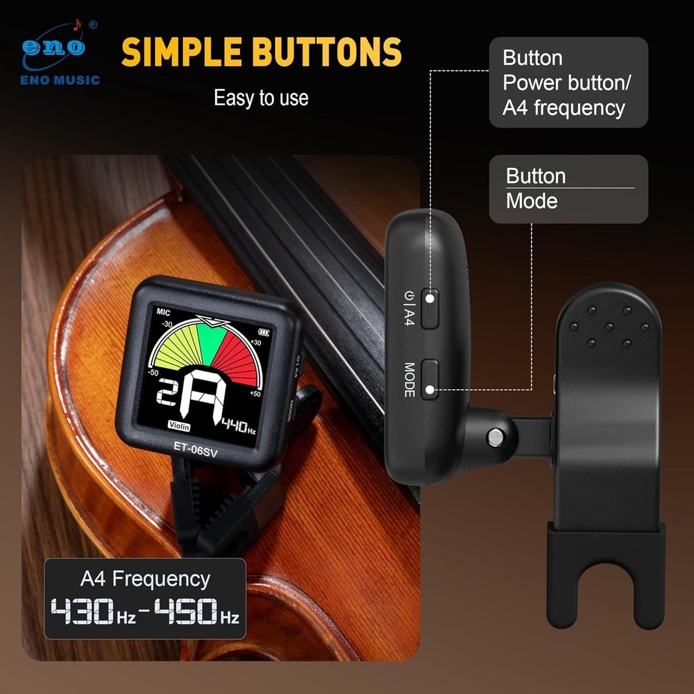 Big Display Rechargeable Clip-On Tuner for String Instruments - Easy to Use