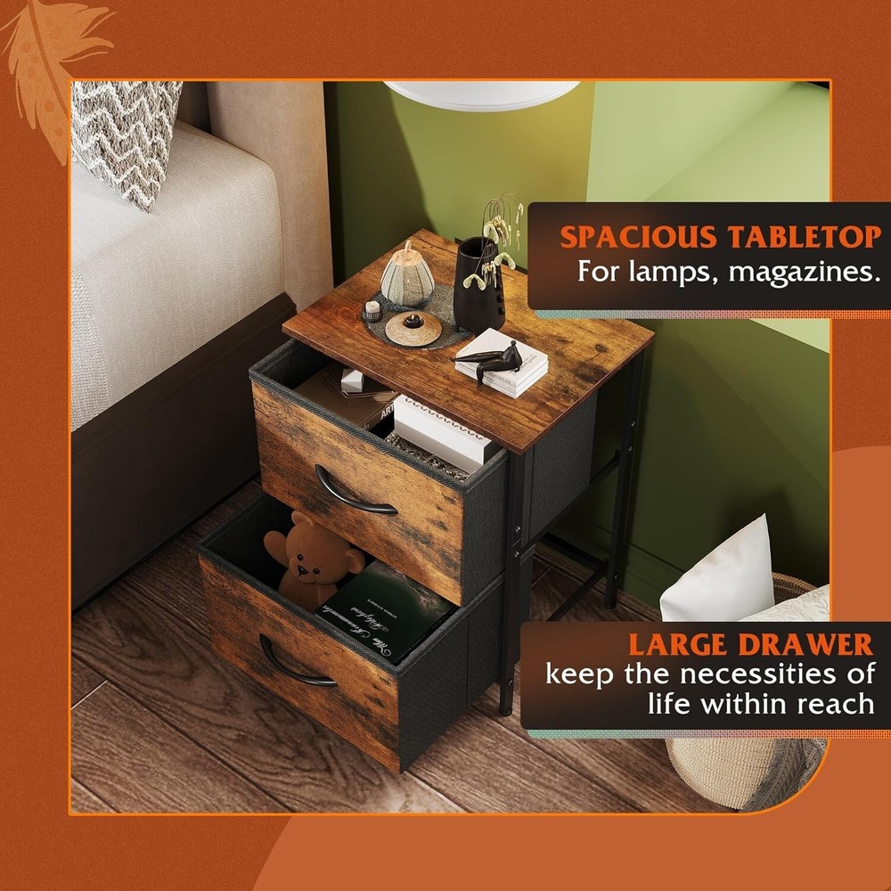 Rustic 2 Drawer Nightstand with Fabric Bins - Multi-Purpose Room Organizer