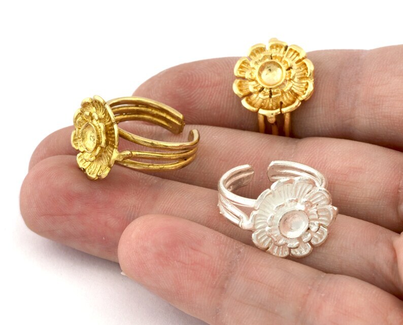 Flower Ring Blank Bezel Setting Raw,Antique-Shiny silver,shiny gold 5406