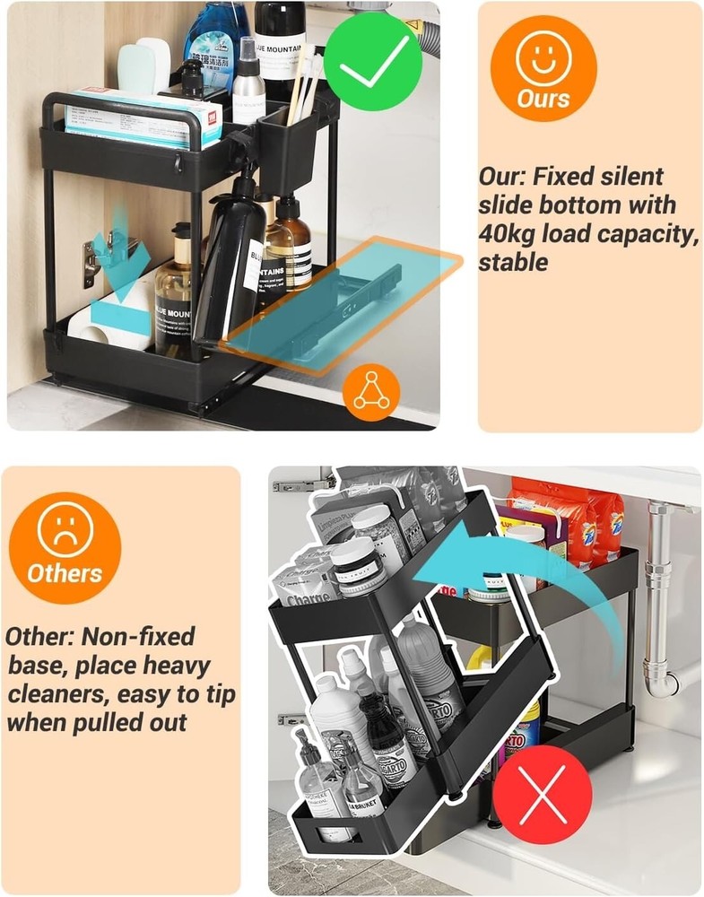 2 Tier Under Sink Organizers And Storage With Sliding Track Black/White