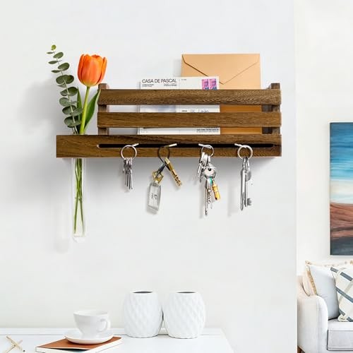 Solid Wall Mounted Key Holder with Acrylic Vase & Mail Organizer, Walnut