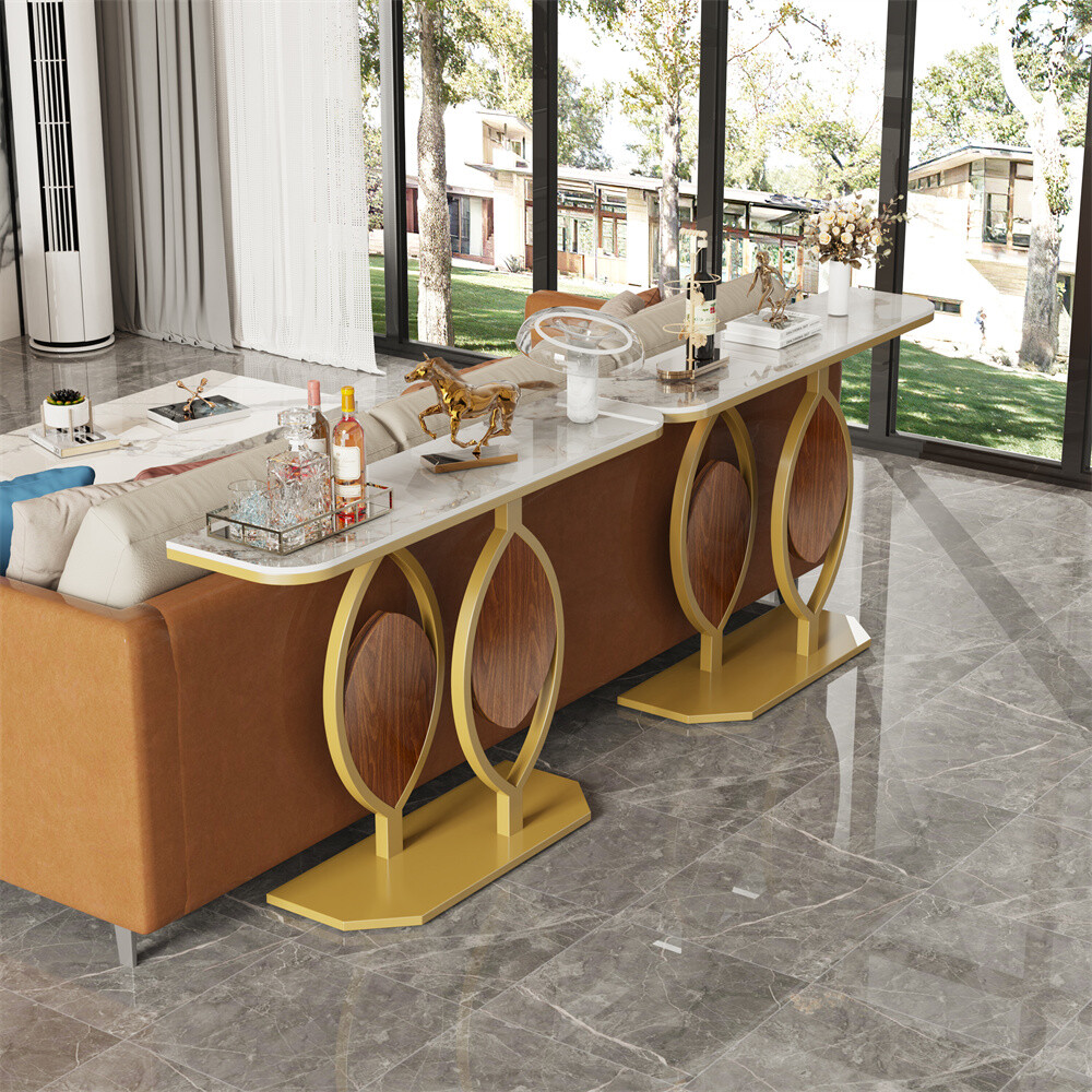 Modern Console Table Sintered Stone entry Table with Geometric/Leaf Golden Base