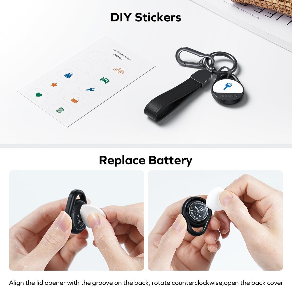 Momax Air Tracker Tags 4 Pack, [Apple MFi Certified], Replaceable Battery Blu...