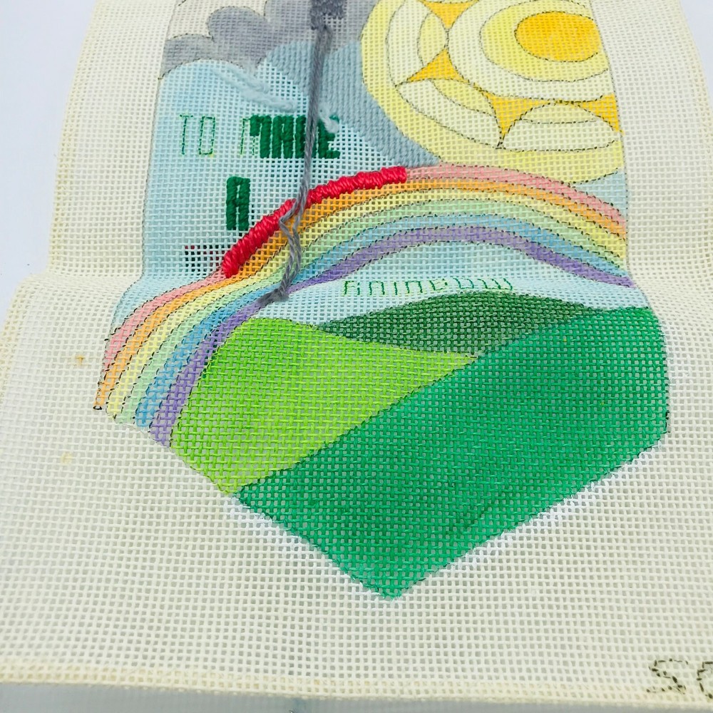 Vintage Hand Painted Needlepoint Pattern Canvas Rain Sunshine Rainbow Pride