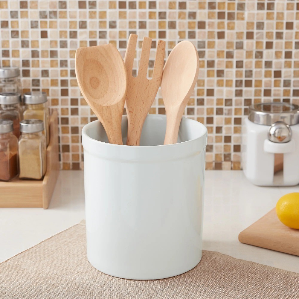 White Glazed Stoneware Kitchen Utensil Holder Organizer Caddy