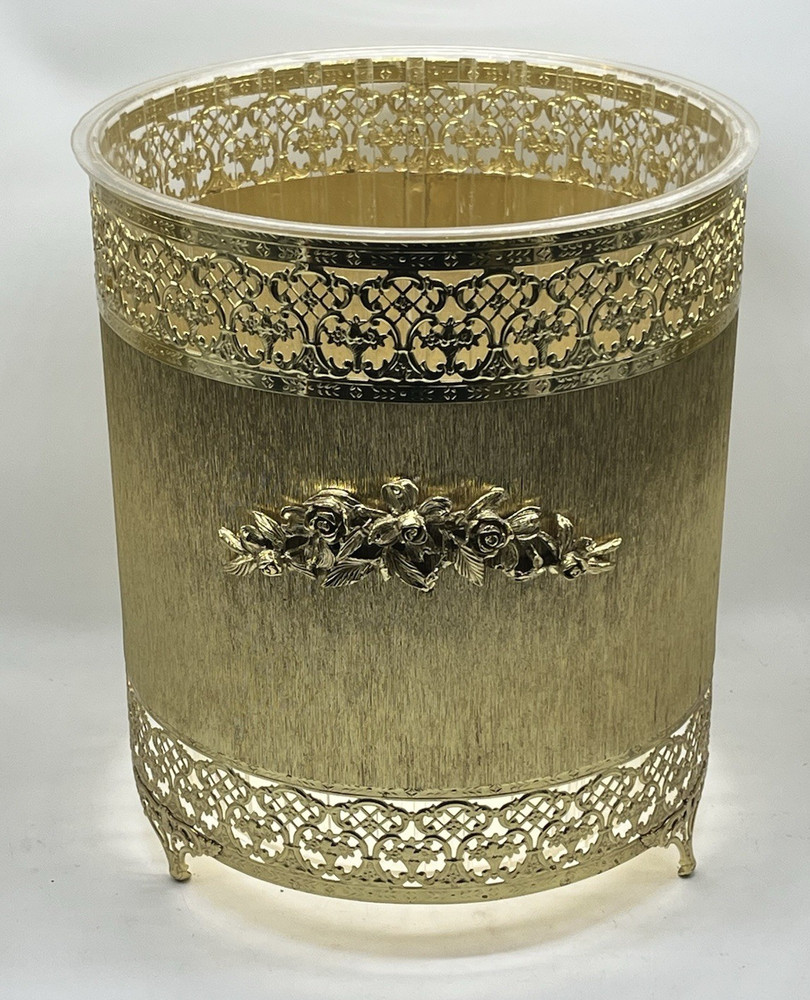 Vtg Hollywood Regency Ormolu Trash Can Gold Roses Plastic Insert