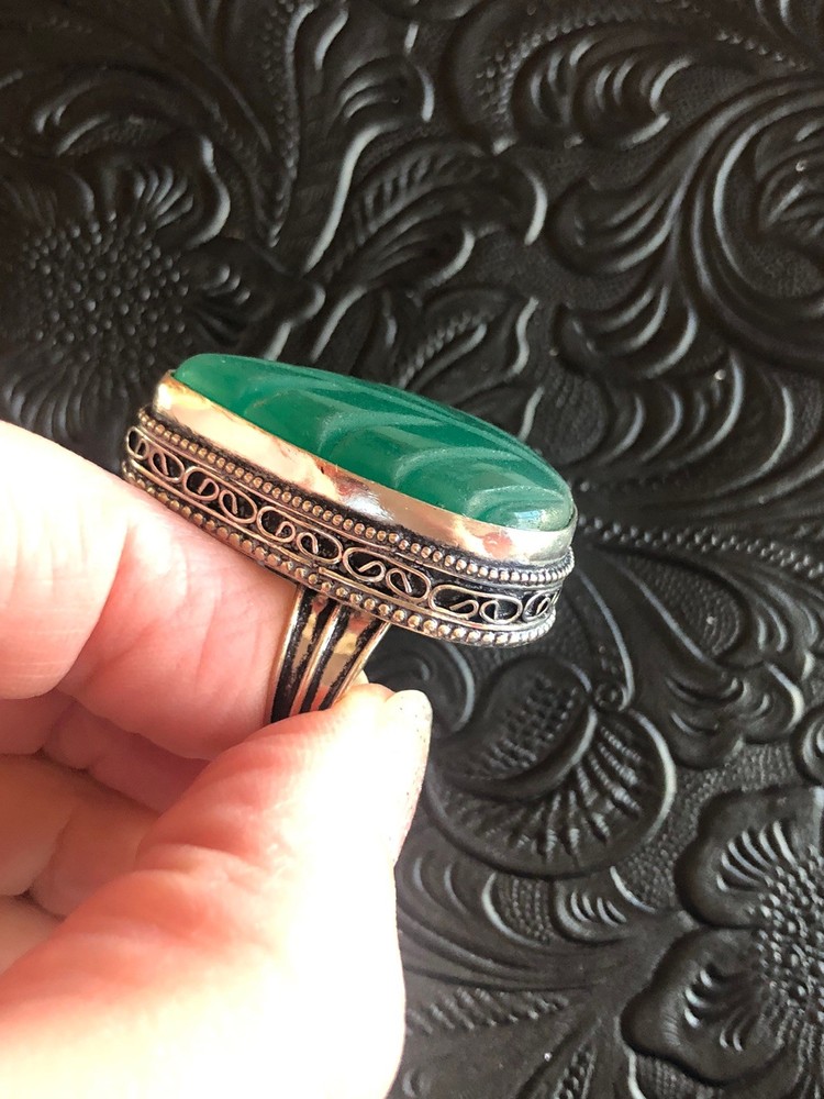 Carved Emerald Ring Size 6 Leaf Design Lab Created Artisan Southwest