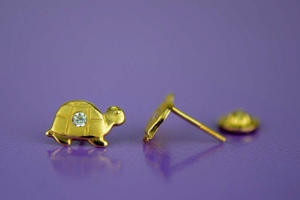 14k Yellow Gold CZ Turtle Stud Earrings
