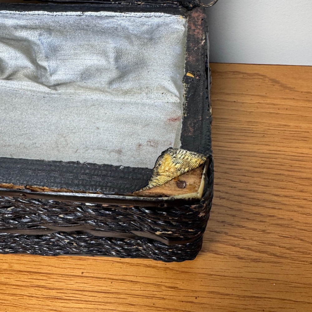 Vintage Black Wicker Sewing Kit Notions Case Handle Clasp Satin lined