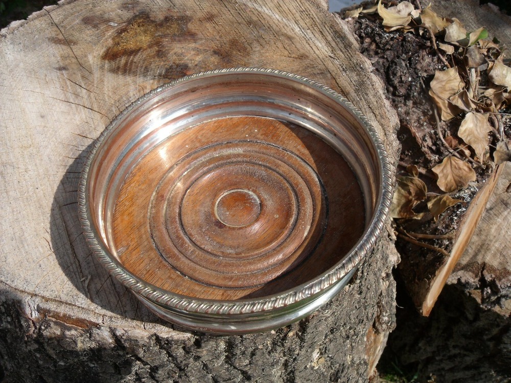 Silver Plated Coaster with Wood Base ~ Silver Plate on Copper Coaster.