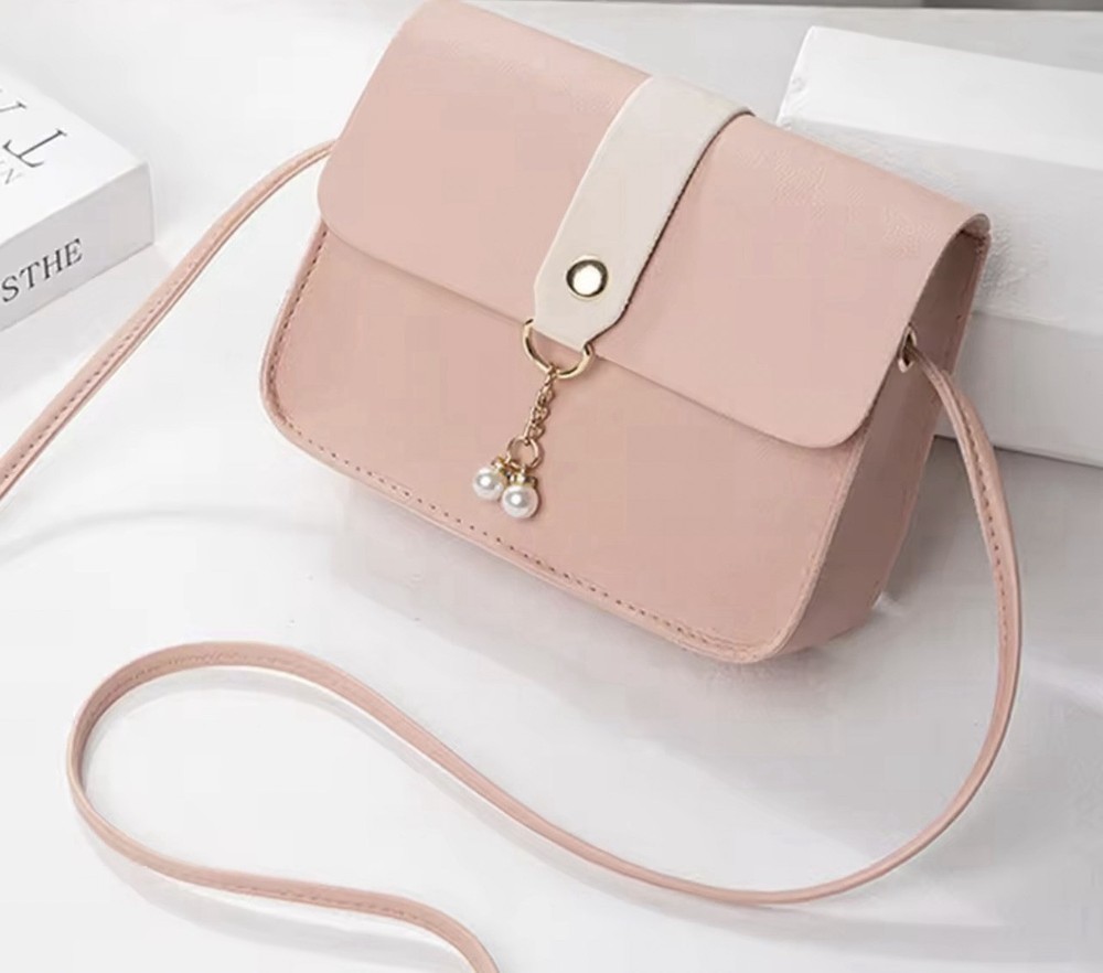 Pink Shoulder Bag with Pearl Chain Accent, Button Closure, Solid White