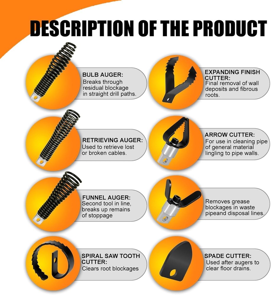 8-Piece Drain Snake Drill Attachment, Cutter and Auger Set