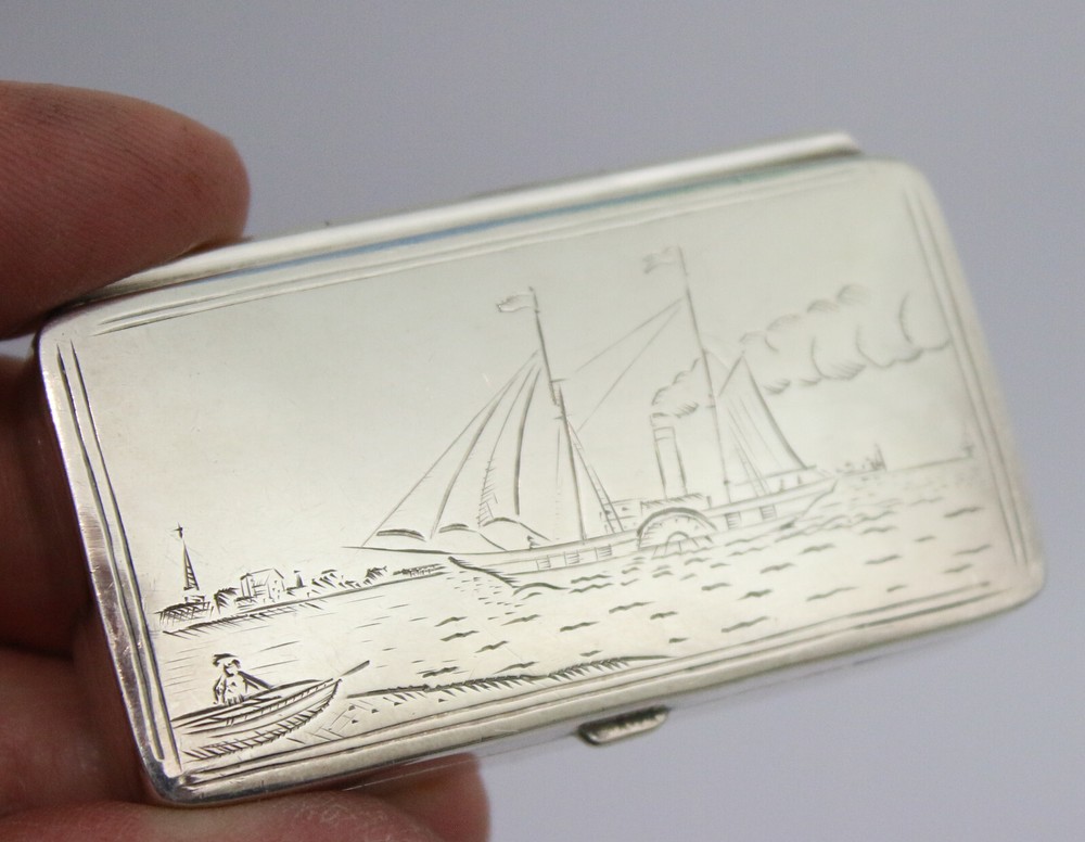 Sterling solid silver stamp box with paddle steamer engraving Elizabeth II