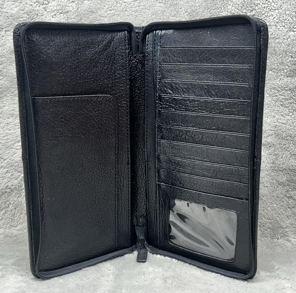 Black Leather Travel Wallet Organizer Zippered Document Holder