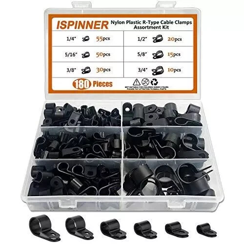 180Pc Nylon Plastic R-Type Cable Clamps Clips Fasteners Assortment Kit for Cable