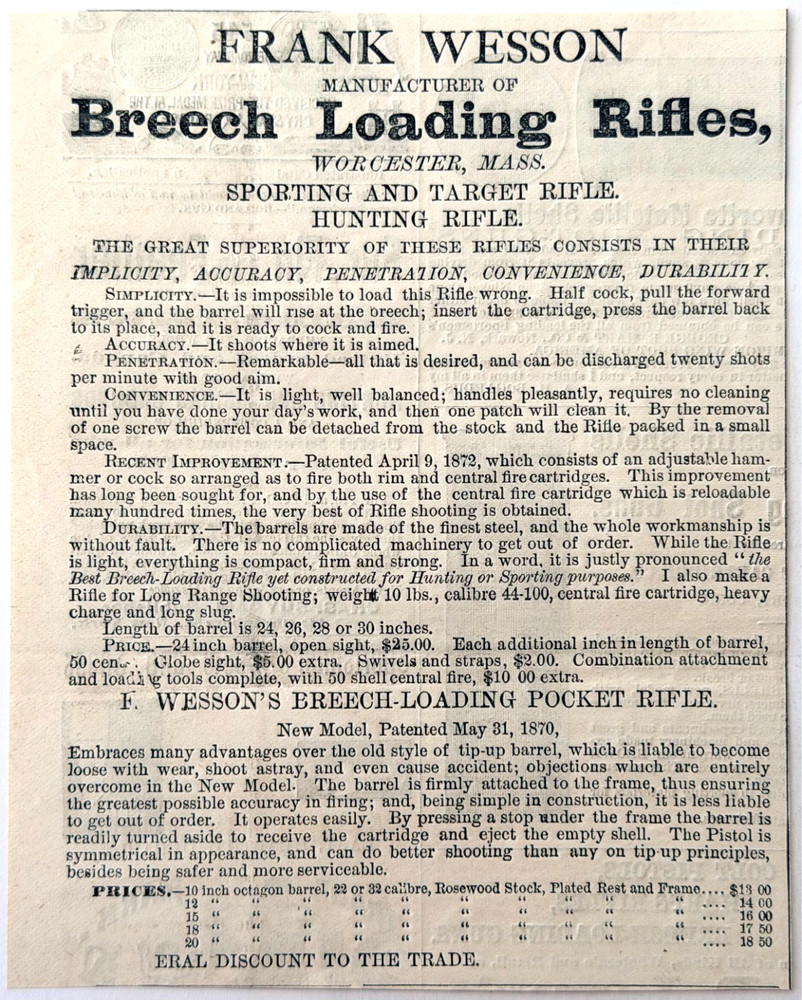1876 Frank Wesson Breech Loading Rifles Advertisement Centennial Worcester Mass