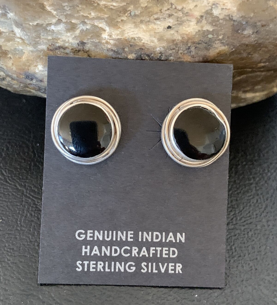 Black Onyx Southwestern Sterling Silver Stud Post Earrings 0.5" 12642