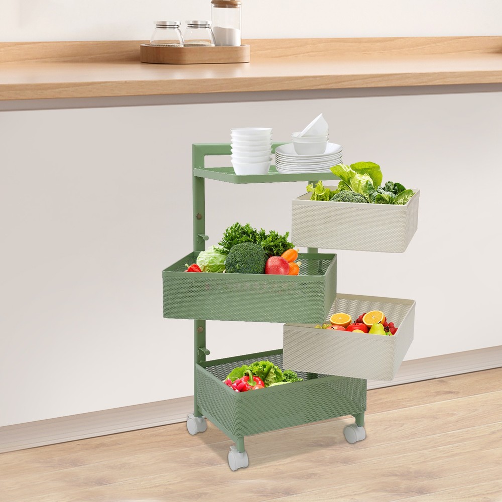 Rotating Storage Rack with Wheels, 4 Baskets, Green Modern Design