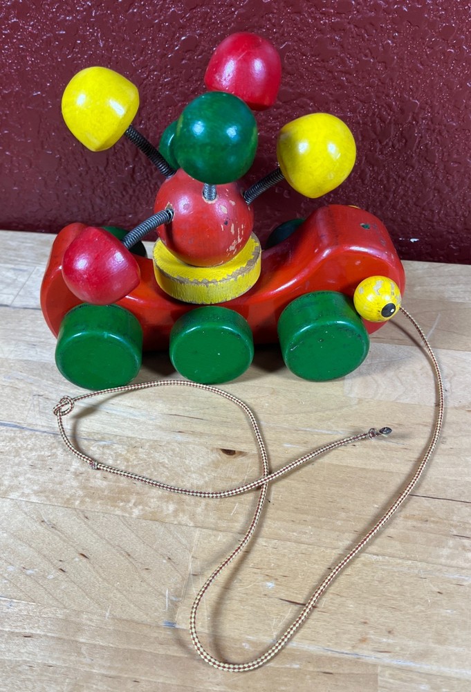 Walter Brand German Made Vtg Wooden Pull Toy Pull String Spinning Springs Color