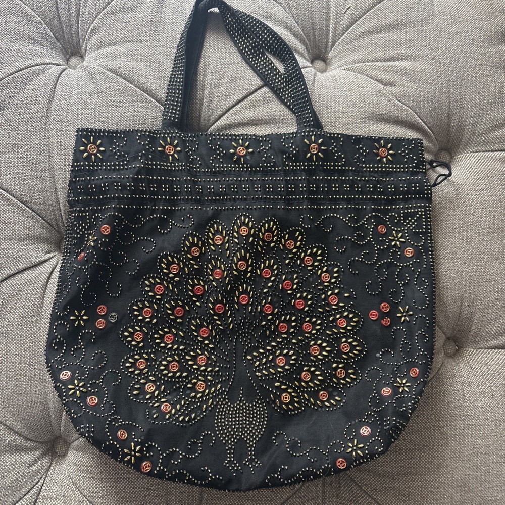 Vtg Peacock Drawstring Black Beaded Boho Hippy Purse FLAW