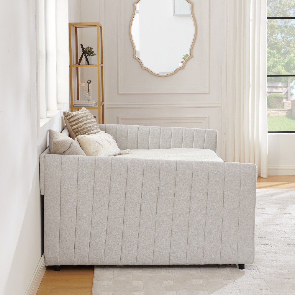 Full Daybed Modern Linen Upholstered Bed Frame Sofa Bed w/ Pull-Out Trundle