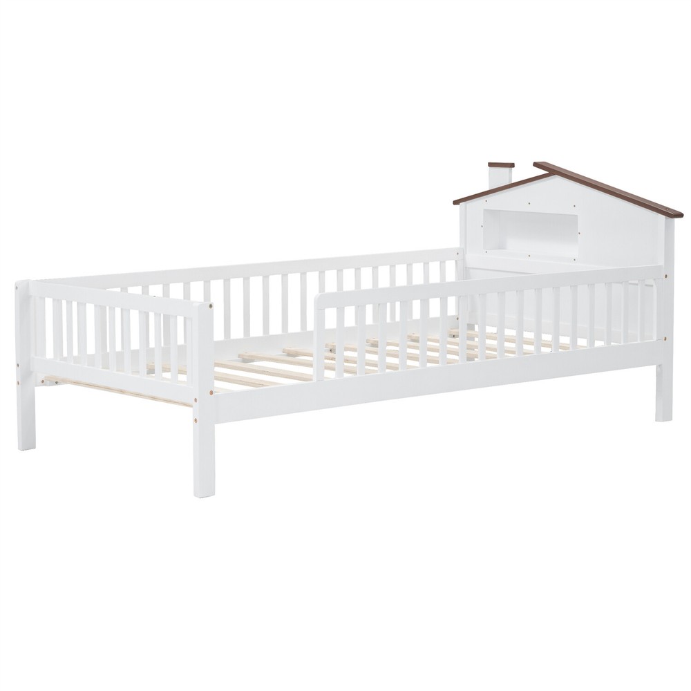 Twin/Full Size Bed Frame Wood Platform Bed with Storage Headboard White/Natural
