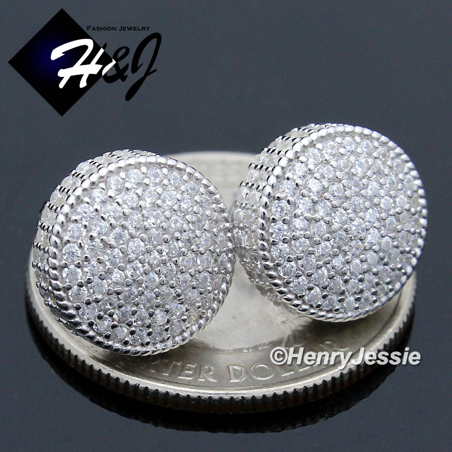 MEN SOLID 925 STERLING SILVER 12MM ICY BLING CZ 3D STUD ROUND EARRING*E190