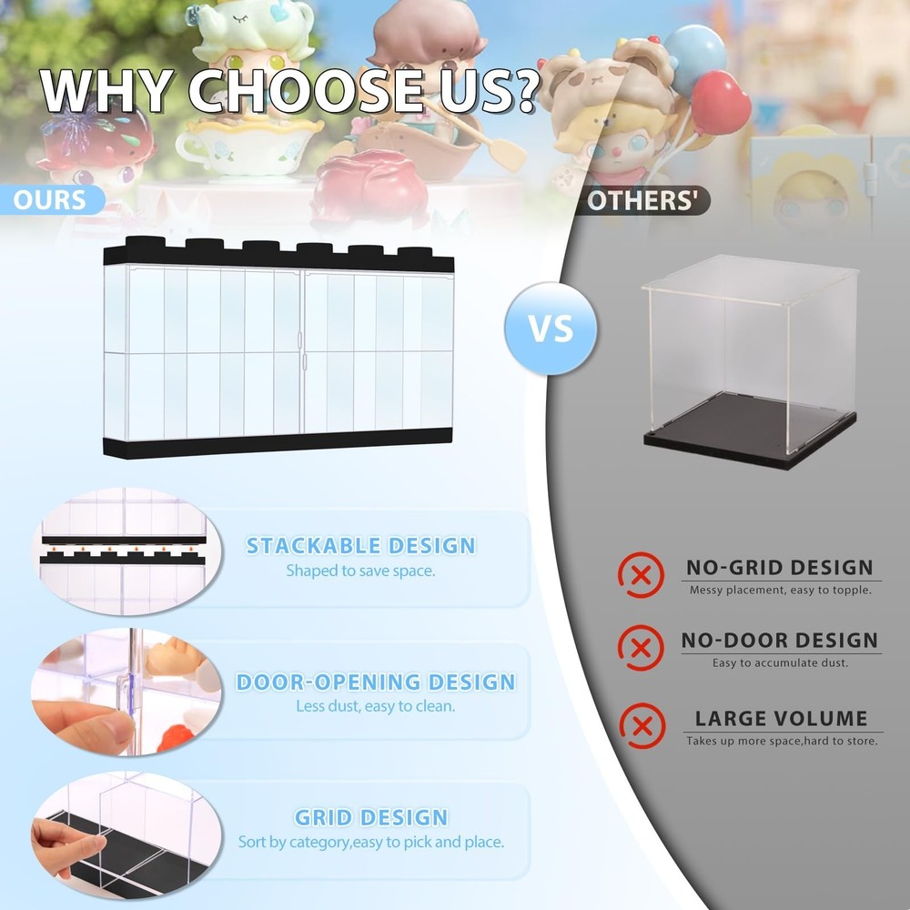 Wall-Mounted Black Acrylic Display Case with White LED Light, 12-Grid Clear S...